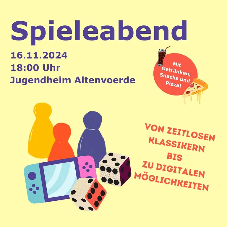 [Grafik: Spieleabend: 16.11.2024, 18 Uhr, Jugendheim Altenvorde]